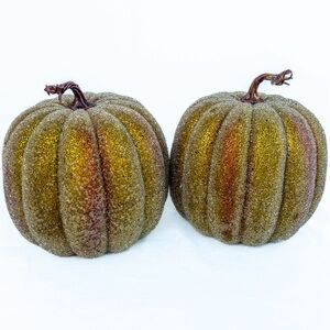(Quantity of 2) Green-Tone Beaded Textured Pumpkins - approximately 8”H x 8.25”W